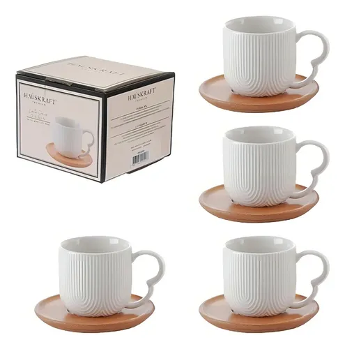 Jogo 4 Xícaras Café Cerâmica Branca 90ml C/Pires Bambu Haüskraft
