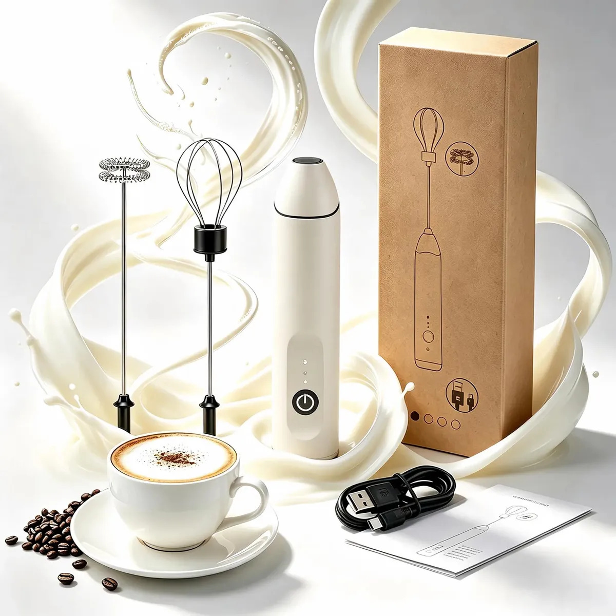 Mini Mixer Eléctrico Misturador 2 em 1 USB Recarregável, Duplo Batedor para Espuma de Leite, Ideal para Café, Cappuccino, Shake e Bebidas, Cor Preto
