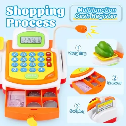 HYAKIDS Caja Registradora Juguete Con Escáner, Calculadora Y Micrófono – Supermercado Completo Para Niños De 3 Años En Adelante