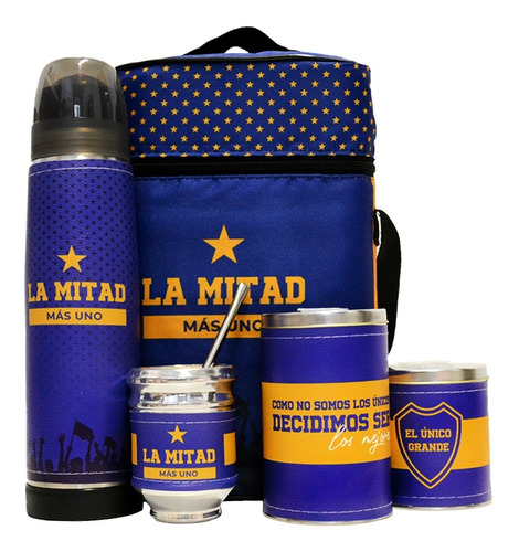 Imagen 1 de 7 de Equipo De Mate Madera Completo Kit Azul Y Oro Lumilagro Set