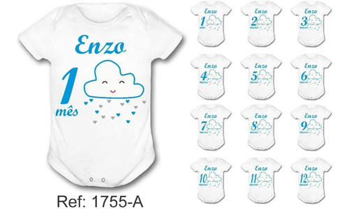 Body Bebê Kit Mesversário 12 Meses Chuva De Amor Azul Menino