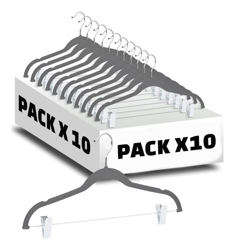 Imagen 1 de 9 de Percha Terciopelo Gris Con Broches Antideslizante M-12 X 10