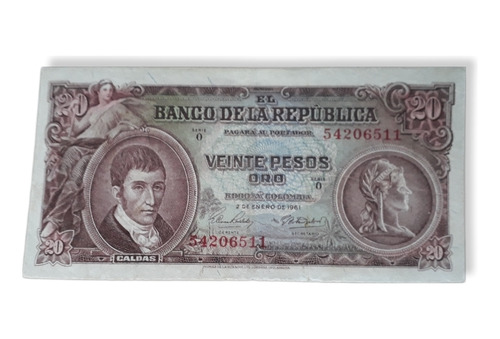 Billete De 20 Pesos Oro De Colombia Año 1961