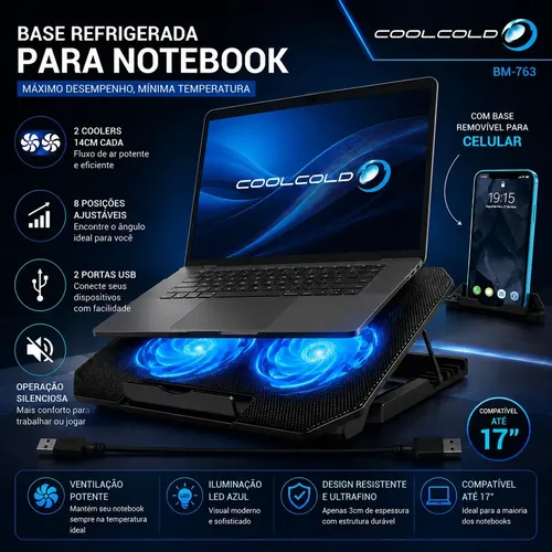Suporte Notebook Coolcold com 2 Cooler Ventoinhas Base Mesa Led Refrigerada Ventilação Silenciosa