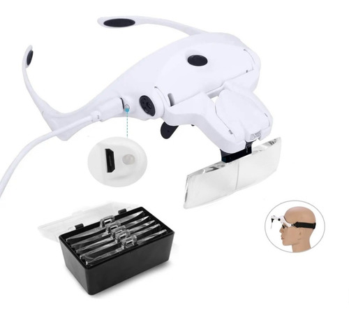 Lupa De Cabeza Recargable 2 Led + 5 Lentes Intercambiables