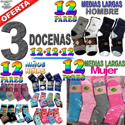 Combo 36 Pares Medias  12 Hombre+12 De Mujer+12 De Niños/as 