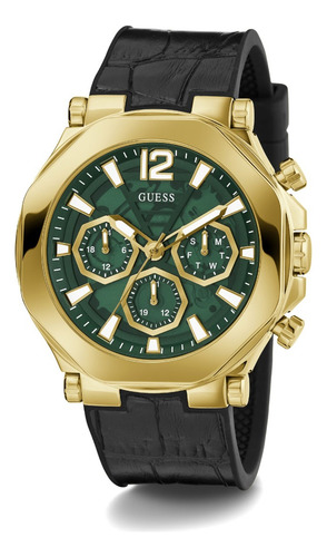 Reloj Hombre Guess Caballero Edge Correa Negro Bisel Dorado Fondo Verde
