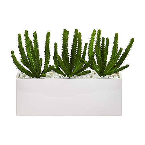 Cactus Dedo Casi Natural Florero Blanco Artificial Con Plant