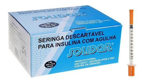 Seringa Insulina 1 Ml Com Agulha 8 X 0,30mm Solidor  Cx 100 