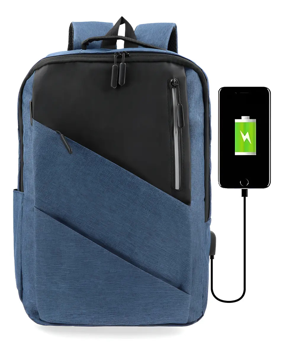 Mochila Urbana Para Laptop Notebook Portatil 14 Con puerto Salida Usb Color Azul Diseño de la tela Lisa