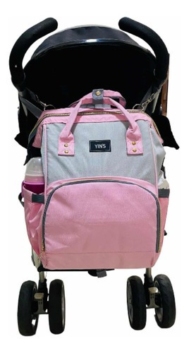 Mochila Bolsa Maternidade Térmica Impermeável Com Trocador Cor Rosa Desenho do tecido Cinza e Rosa