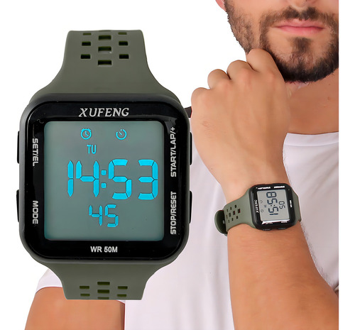 Relógios Digital C/ Cronometro De Pulso A Prova Dagua Correia Da Cor Do Relógio Bisel Verde Militar Xf-346 Fundo Cinza