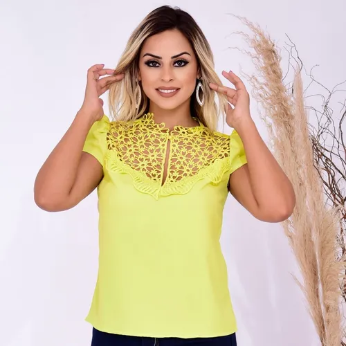 Blusa Feminina Crepe Renda Laço Manga Curta Moda Evangélica