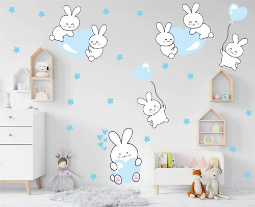 Adesivo De Parede Decoração Meninos Coelhos Balão Coração