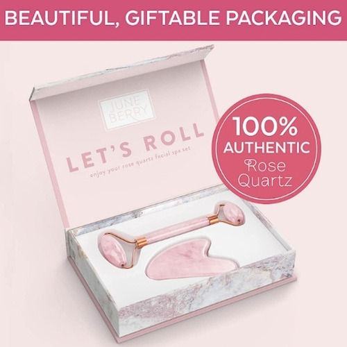 Imagen 6 de 7 de Rodillo Facial Jade Rosa + Gua Sha 100% Natural Masajeador