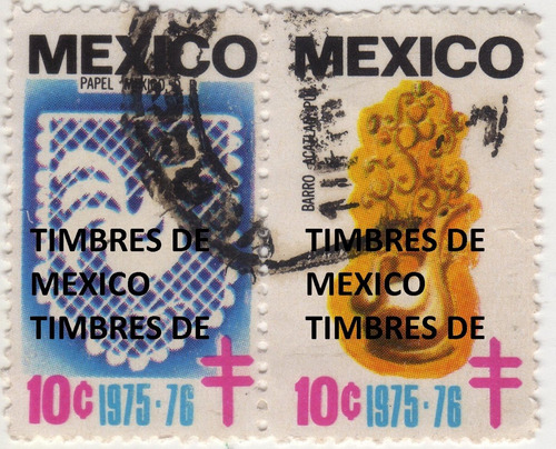 2 Timbres De Mexico, Figuras Barro Acatlan Y Papel Picado