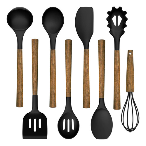 Juego 8 Piezas Utensilios Cocina Silicona Asas Madera