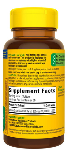 Suplemento Natural De Vitamina D3 10000 Ui (60 Cápsulas Gela