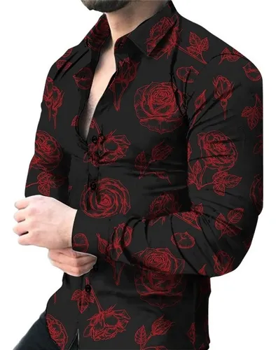 Camisa negra con flores rojas hombre sale