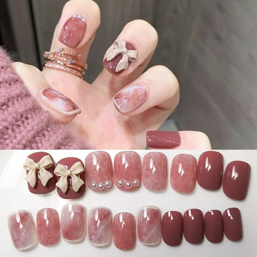 Uñas Postizas Cortas Pequeñas Moño Café Perlas Rosado Press