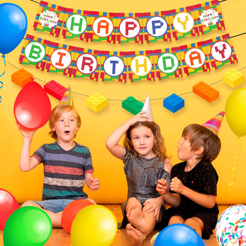 Juego de decoración para fiestas con bloques de construcción, 53 pcs para decoración de fiestas banners, globos, adornos para pasteles color multicolor