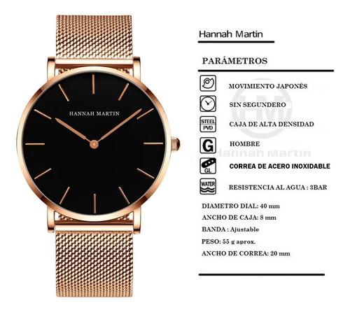 Reloj Hombre Hannah Martin Acero Inoxidable Dorado Rosee