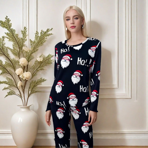 Pijama Casual Estampado De Manga Larga Con Cuello Redondo