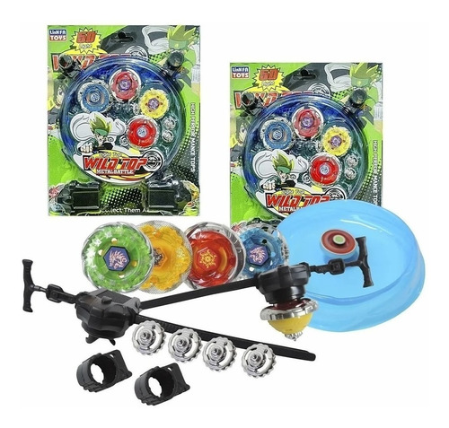 Kit 4 Beyblades Metal+2 Lançadores+1 Arena Jogo Diversão Top Cor Azul ou Vermelha