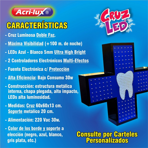 Cartel Cruz Led Odontólogo 60x60, Doble Faz, Multiefectos