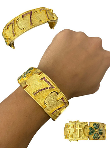 Bracelete 777 Cravejado Personalizado Banhado Ouro 18k 30mm