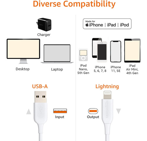 Amazon Basics Usb-a To Lightning Abs Charger Cable, Mfi C...
