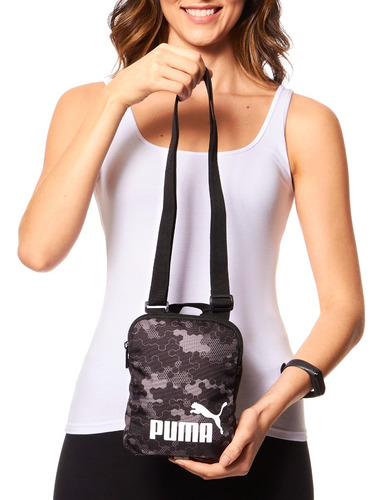 Funda portátil Puma Phase Aop con marco de hardware, color níquel, correa de hombro negra, color negro, diseño de tela suave