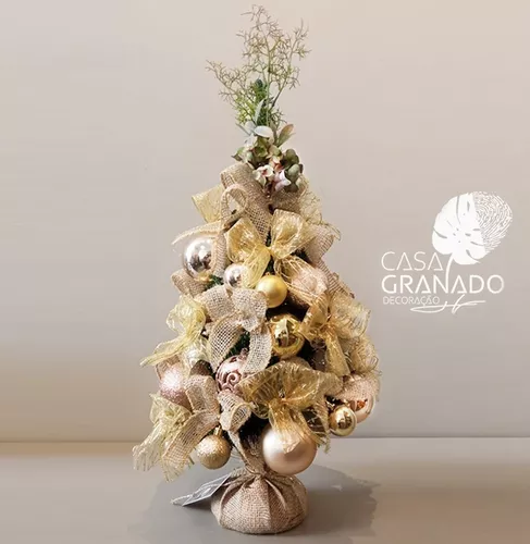 Árvore De Natal Completa Decorada Dourada Pronta P Uso 70cm - R$ 600,88