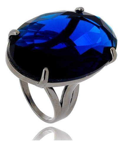 Anel Pedra Oval Cristal Azul Ródio Negro