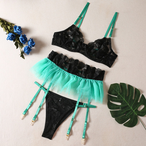 Conjunto De Sujetador De Encaje Con Minifalda, Lencería Sexy