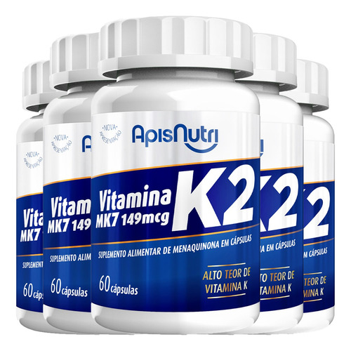 5x Vitamina K2 Mk7 100% Puro - 60 Cápsulas 280mg Apisnutri