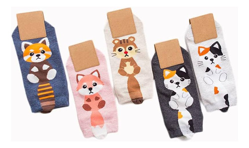 5 Pares Animales Mapache Gato Calcetines Corte Bajo Unisex
