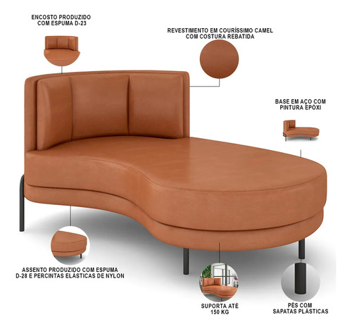Sofá Chaise Longue Sala de Estar Living Lucca Direito D02 Couríssimo Camel B-14
