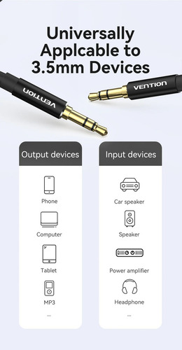 Cable de Audio Vention - Auxiliar Jack 3.5 mm MiniPlug Hi-Fi - 1 Metro - Stereo TRS - Color Negro - PVC Premium - Plug a Plug - Para Celular Auto Estereo PC Auriculares Tablet Manos Libres - BAXBF