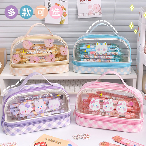 Estuche para lápices con dibujos animados, color rosa, pequeños bloques de leche, diseño de conejo