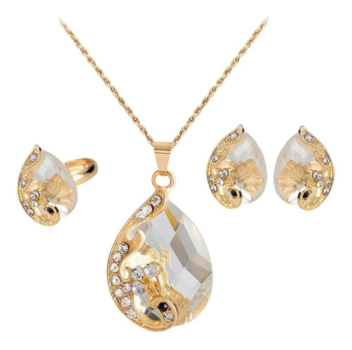 Conjunto Set Collar Aretes Anillo Dama Cristal Gota