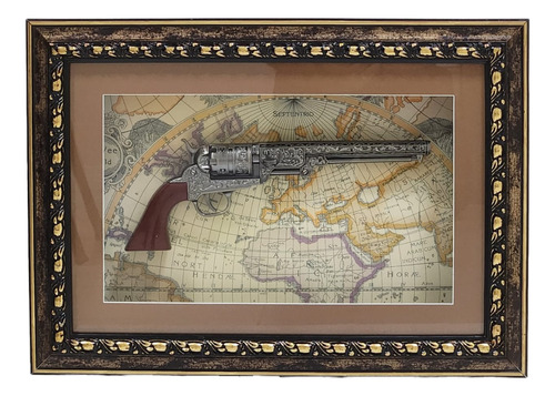 Quadro Decorativo Revolver Cano Longo Século 18 Prateado