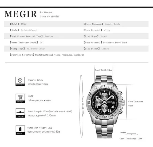 Reloj Cron grafo Megir Hombre Acero Inoxidable 2030g Color De La
