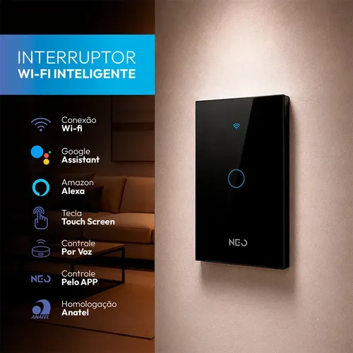 Interruptor Smart Inteligente Wi-fi 2.4 GHz Alexa google 1 Botão 4x2 Bivolt Preto Cod: 291990365 Neo Avant