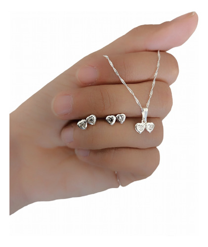 Conjunto Cadena Italiana Dije 2 Corazones Y Aros Plata 925