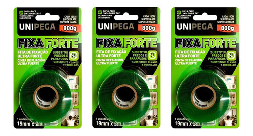 3 Pç Fita Dupla Face Fixa Ultra Forte 19mm X 2m Unipega Cor Água Liso