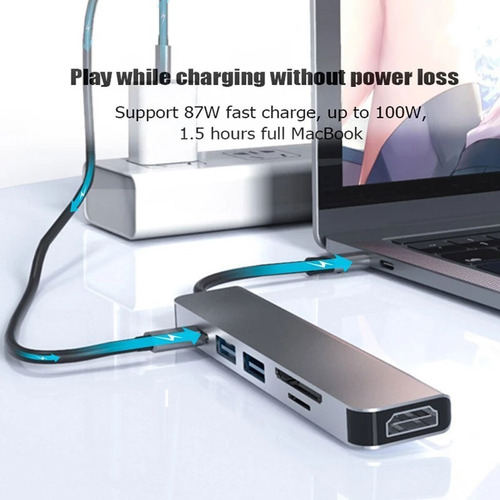 Adaptador Hub 6x1 Usb 3.0 Com Pd Tipo C Hdmi 4k Hd Macbook