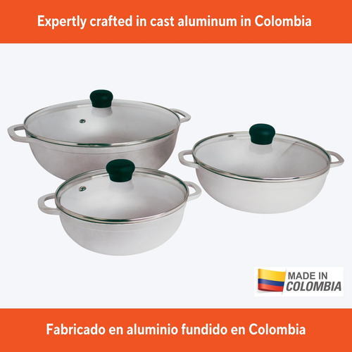 Conjunto De Caldero 3pc De Aluminio Fundido Con Tapa De Vidr