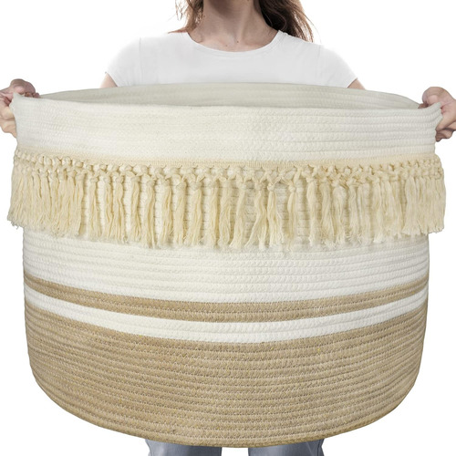 Canasta De Baño Xl Tejida 22x15 Con Asa, Marrón Y Blanco