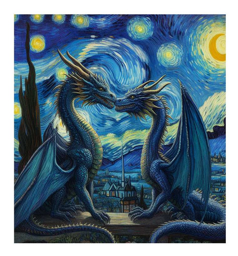 Vinilo 100x100cm Dragon Noche Estrellada Beso Van Gogh